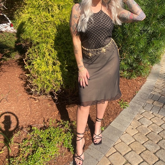 VINTAGE 90s Y2K ADRIANNA PAPELL SILK HALTER SIZE 8 CRISS CROSS - Picture 2 of 4